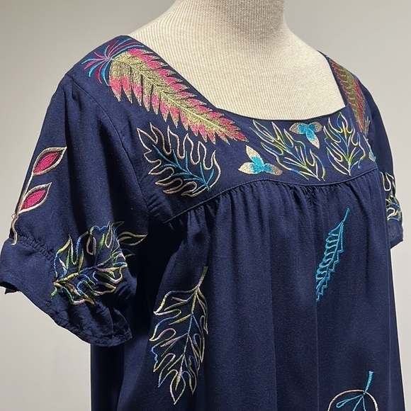 Sunny Oceans Navy Blue Square Neck Embroidered Dress or Swimsuit Cover Up Large - Picture 2 of 12
